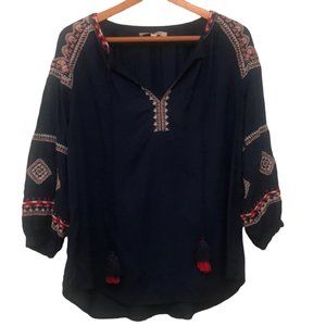 {Loft} Blue Embroidered Peasant Blouse